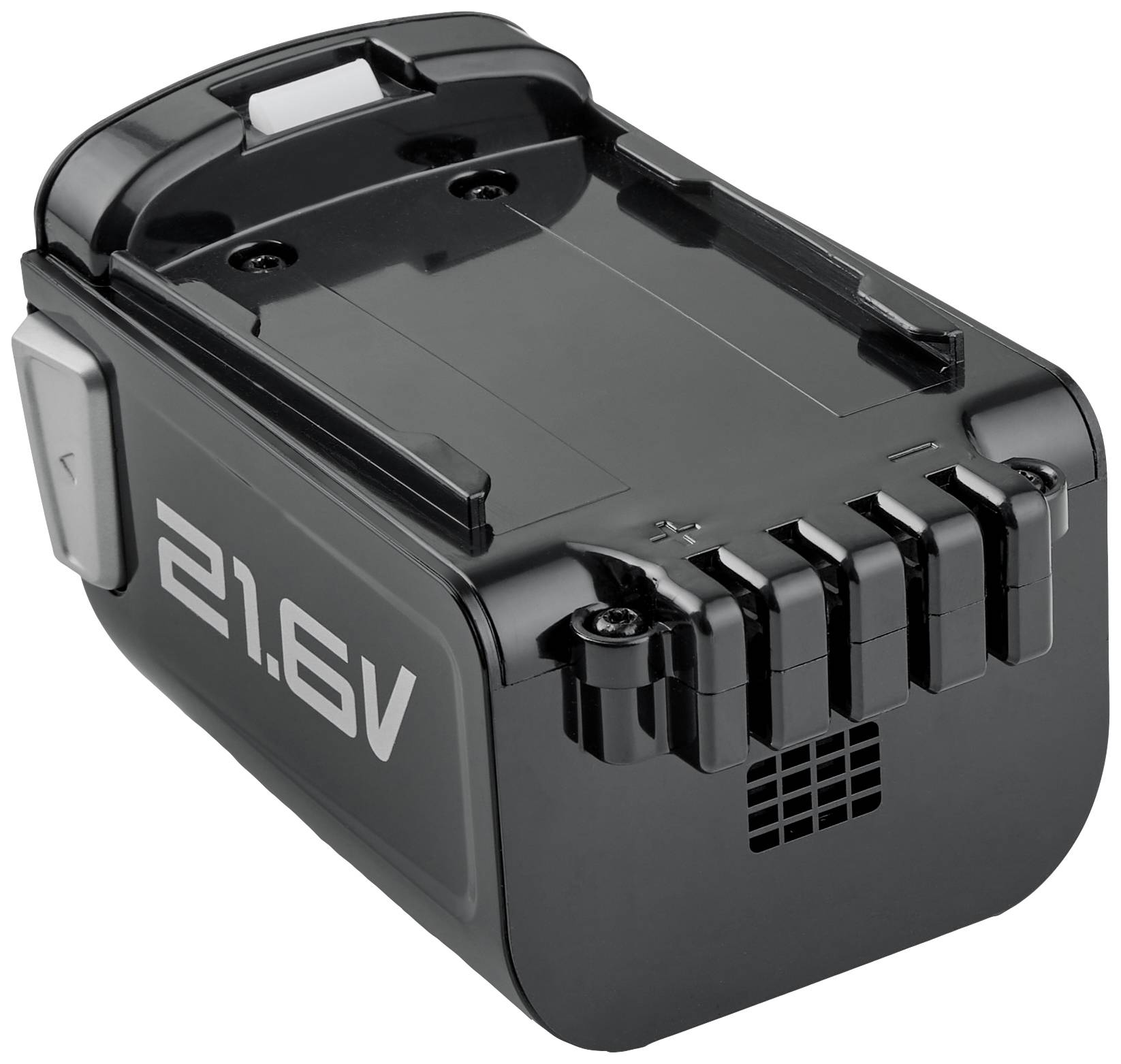 A black lithium-ion battery with the inscription '21.6V'. Ideal for electrical tools and devices.