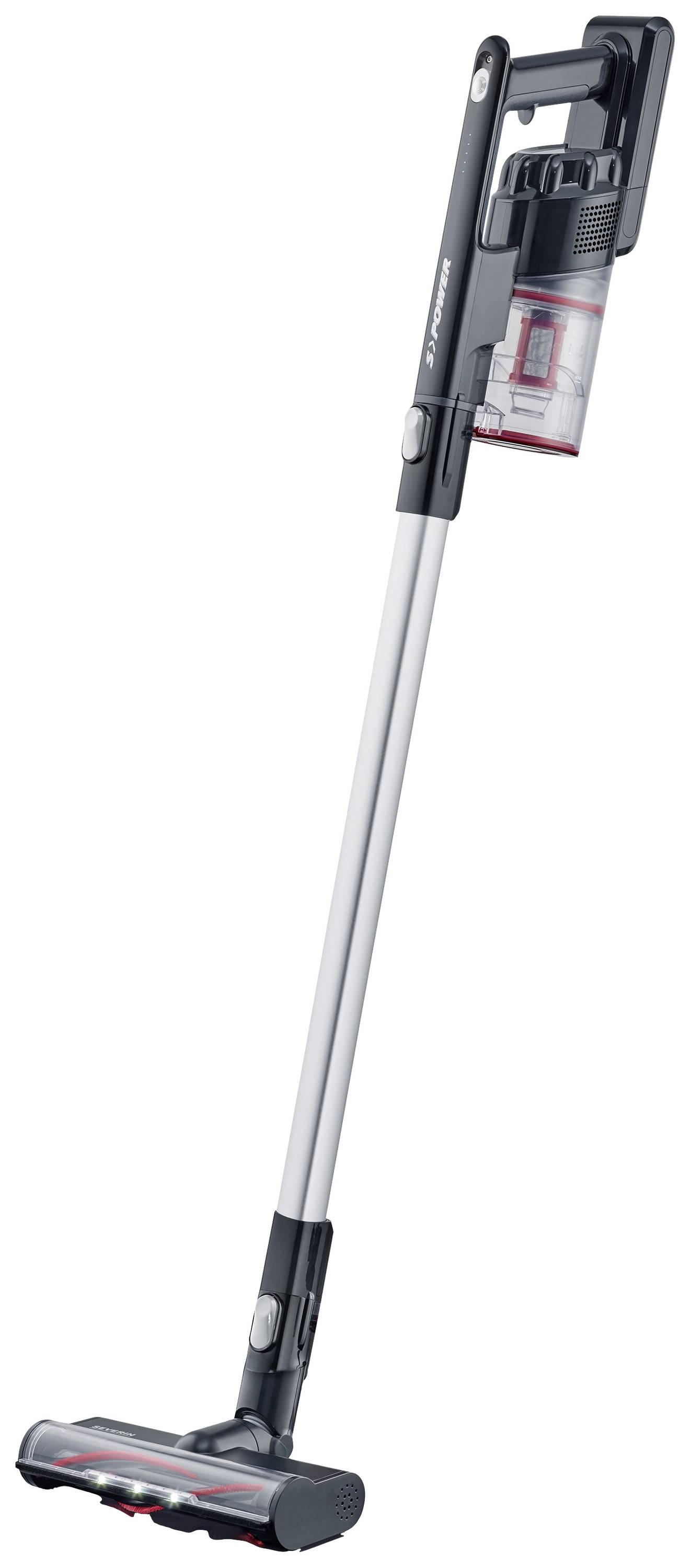 Cordless stick vacuum cleaner in black and silver, with a transparent dust container and floor brush suitable for hard and soft floors.
