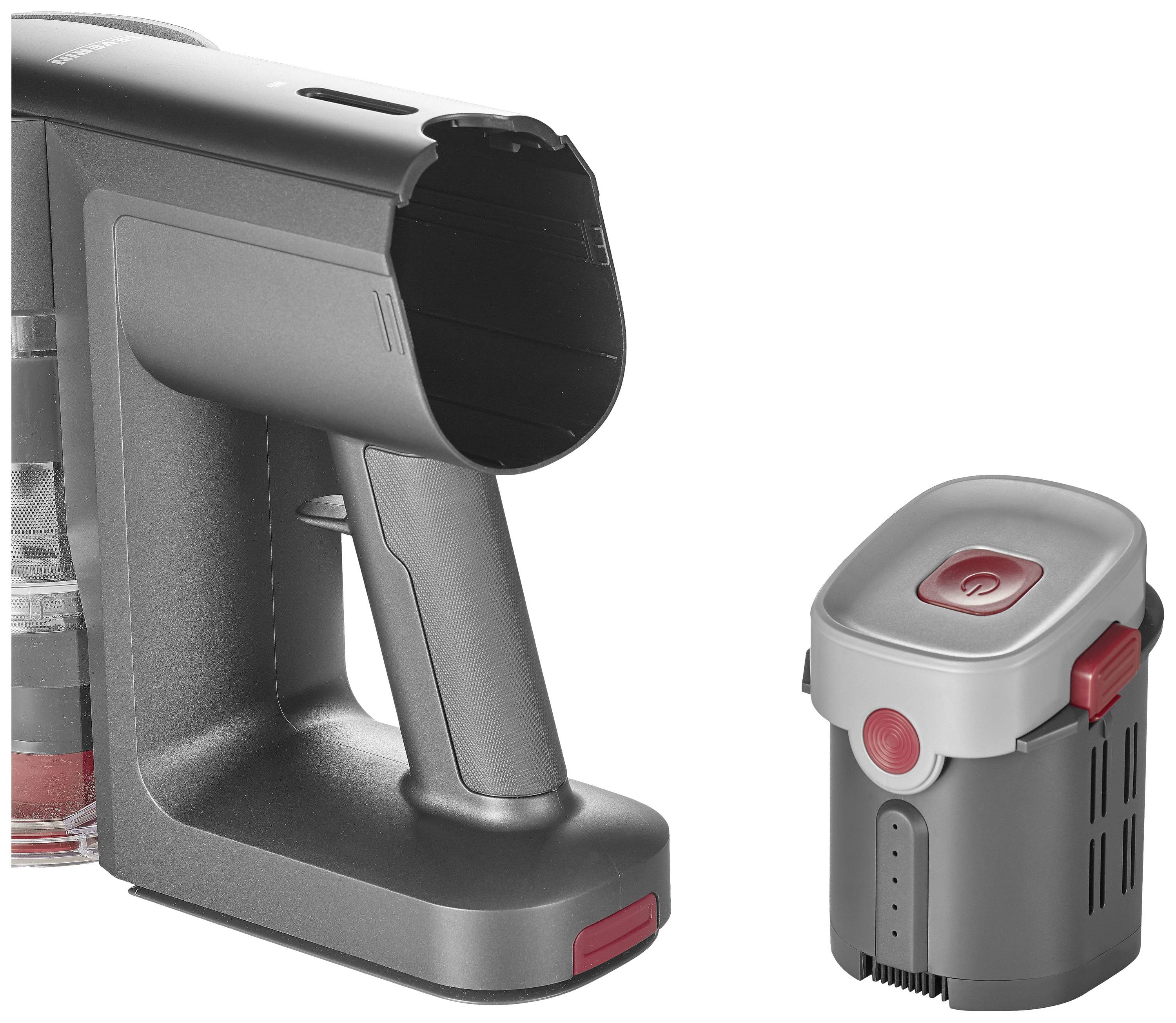 Cordless handheld vacuum cleaner without battery, device with handle on the left, removable battery on the right. Ideal for flexible cleaning.