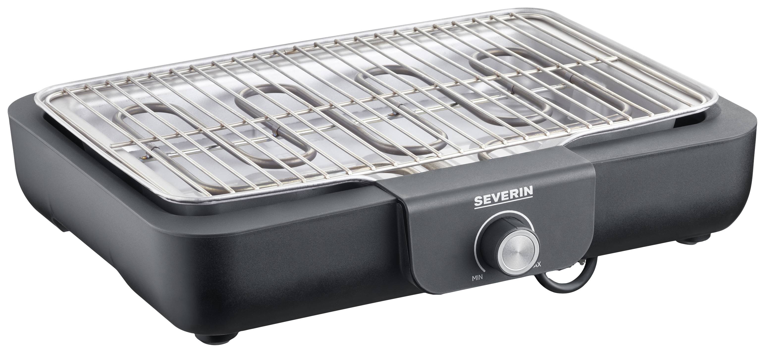 A black, rectangular electric grill with a metal grille and rotary knob in the foreground. Suitable for indoor and outdoor use.