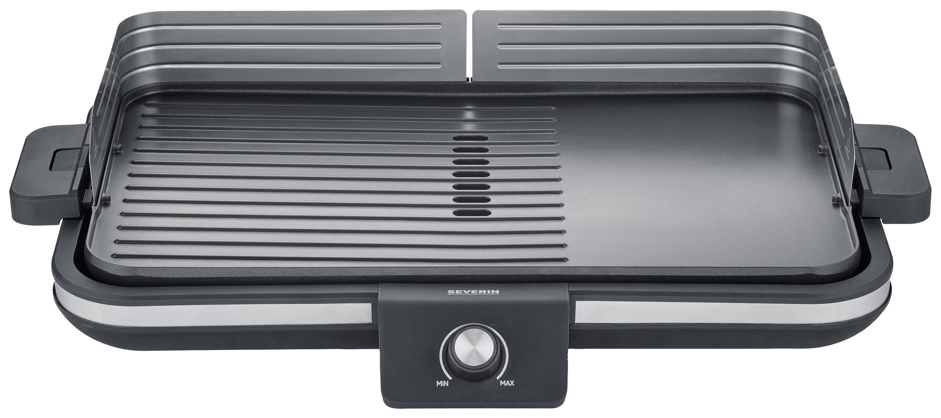 A black electric grill with smooth and ridged grilling surfaces, a rotary knob in the centre, side handles, and a modern aesthetic.