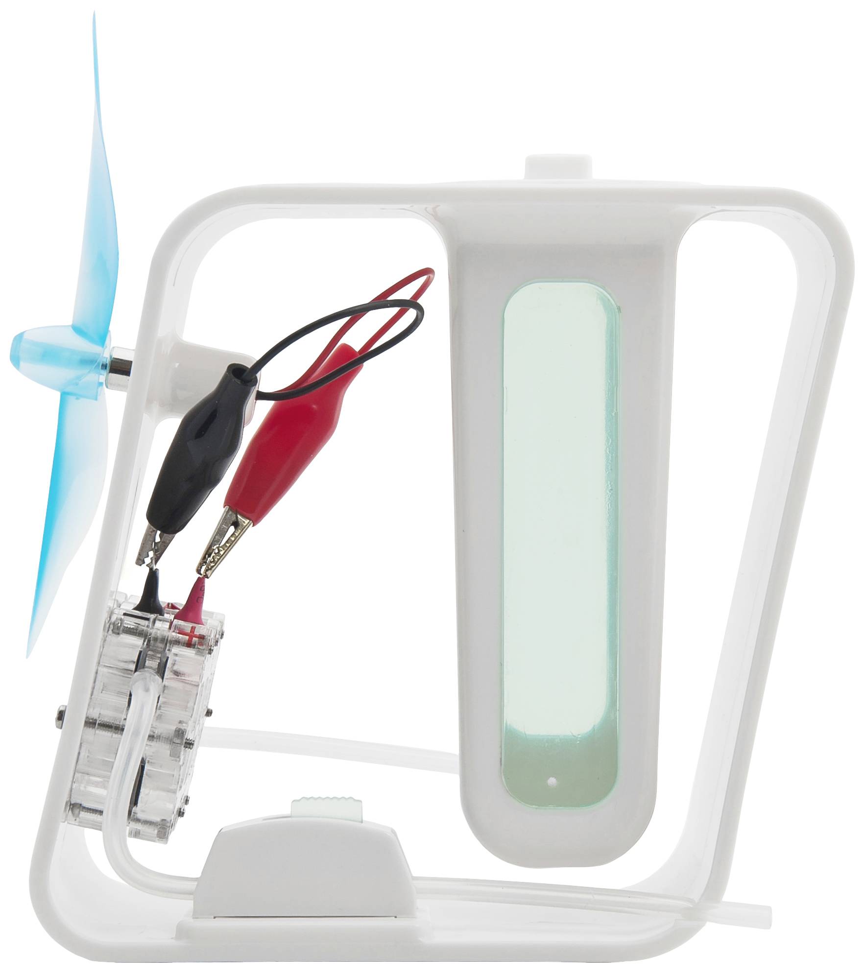 A white frame with a blue propeller driven by two crocodile clips attached to the side of the frame.