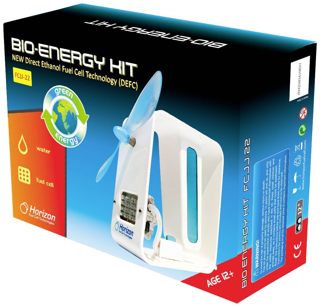 'Bio-Energy Kit FCJJ-22' packaging with an image of an ethanol fuel cell and propeller. Suitable for ages 12 and over. Green energy logo.<br><br>Note: The translation maintains the original meaning and uses British English spelling and terminology.