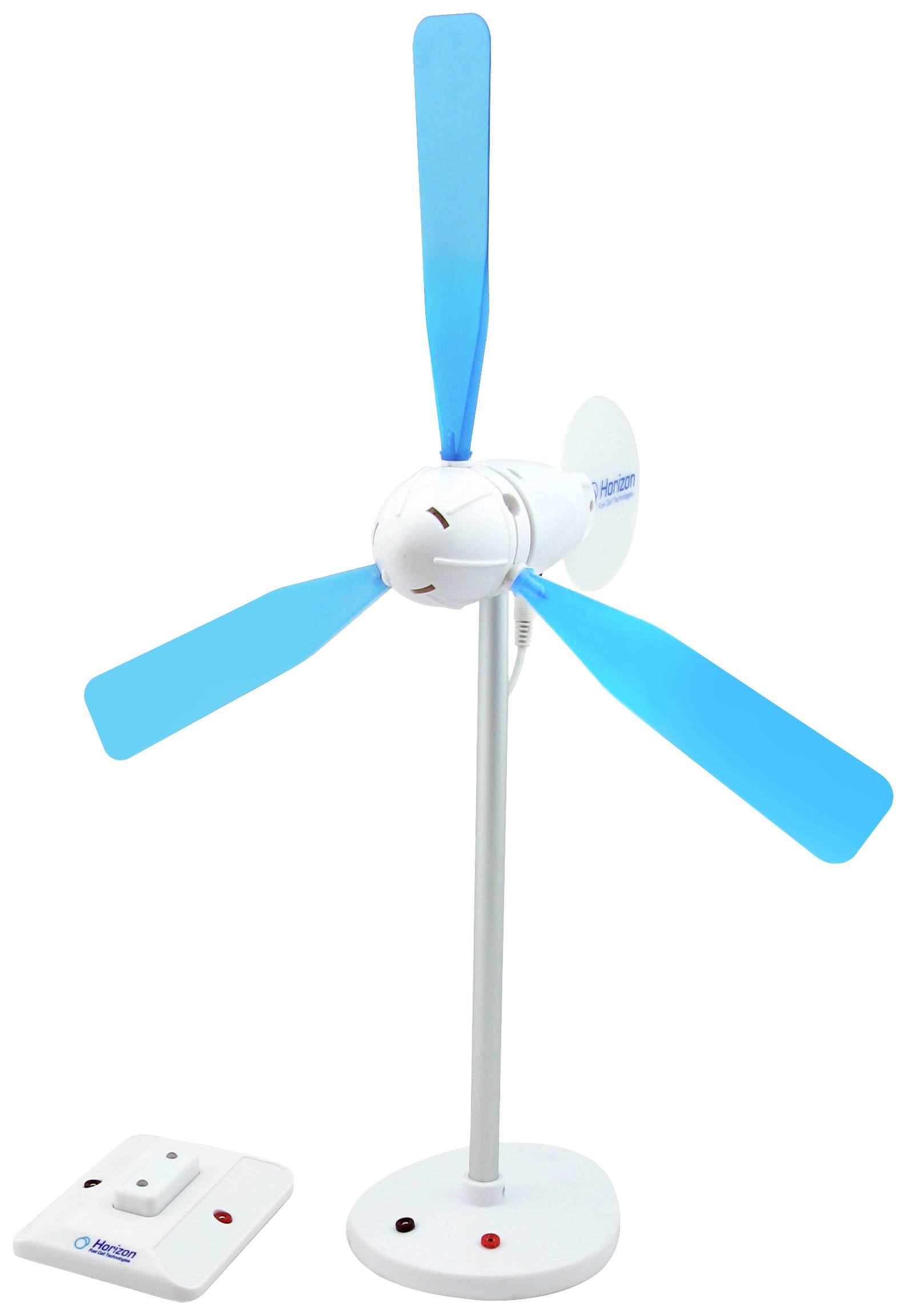 White pedestal fan with blue fan blades, positioned next to a white remote control on a base.