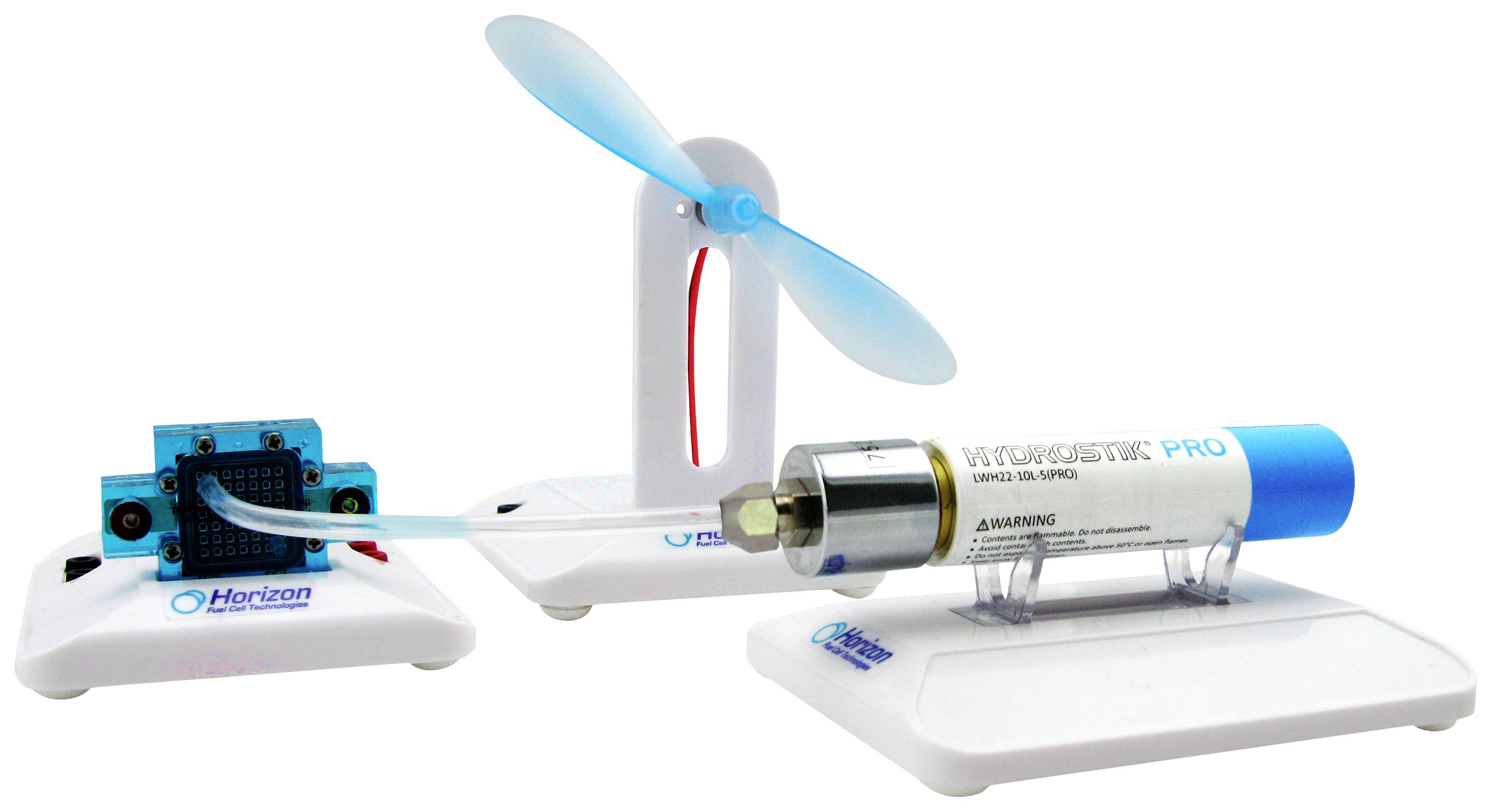 Model of a fuel cell: Contains a blue cell connected by tubes to a propeller, demonstrating renewable energy.