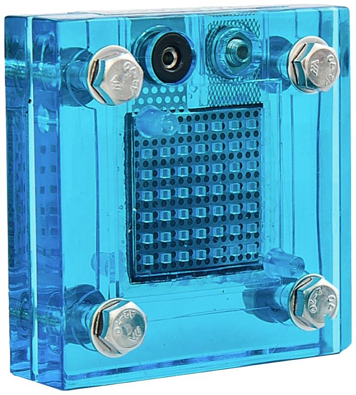 Blue fuel cell with a transparent casing, six fixing screws and a visible membrane in the centre.