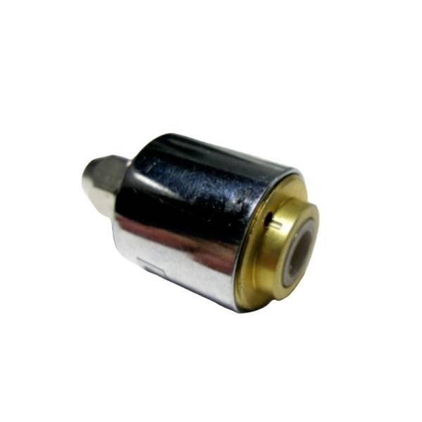 A cylindrical metal object, possibly a technical component, with a shiny surface and gold-coloured rim.