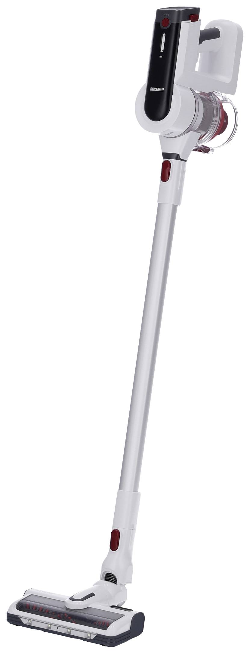 Cordless stick vacuum cleaner in white with a red accent, standing upright. Perfect for flexible cleaning without restrictions from power cables.