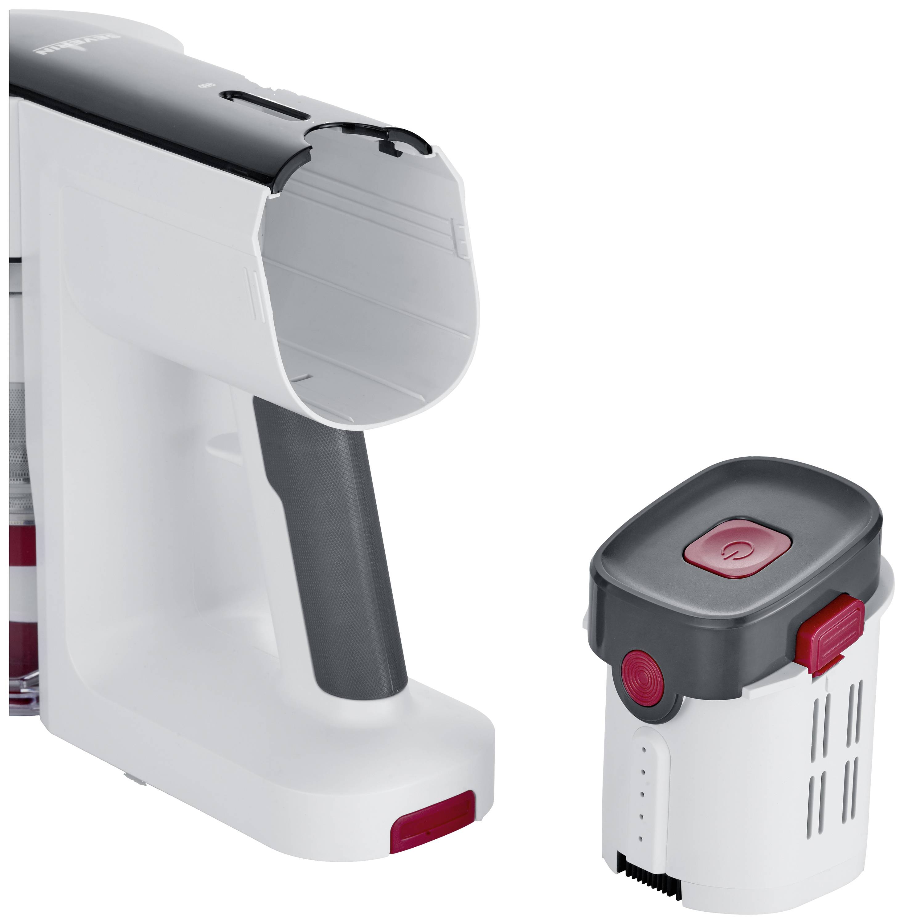 A vacuum cleaner without a battery shows the removable battery component beside it. The battery is grey with a red button.
