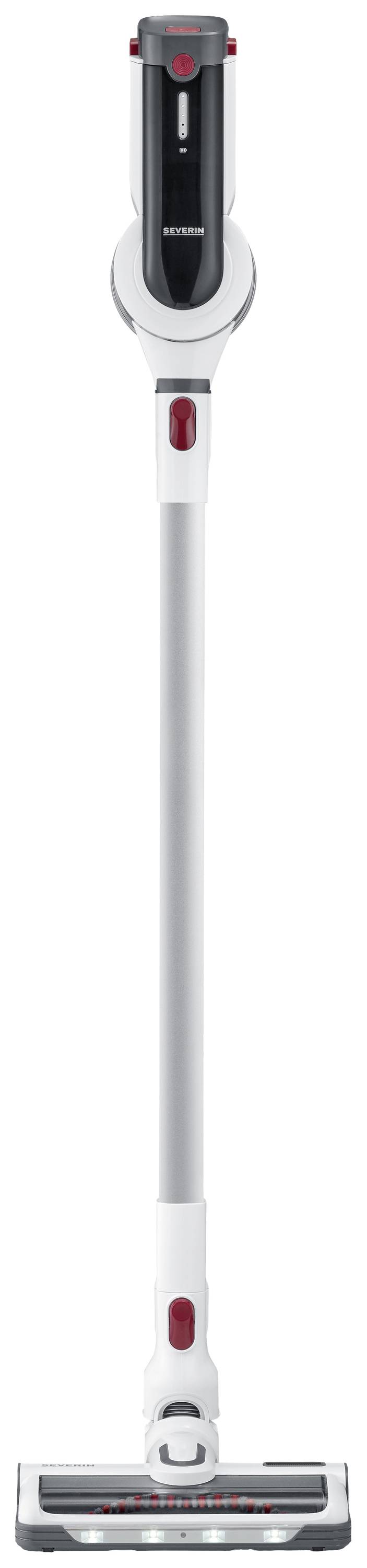 A cordless, white vacuum cleaner with a black handle, perfect for flexible cleaning.