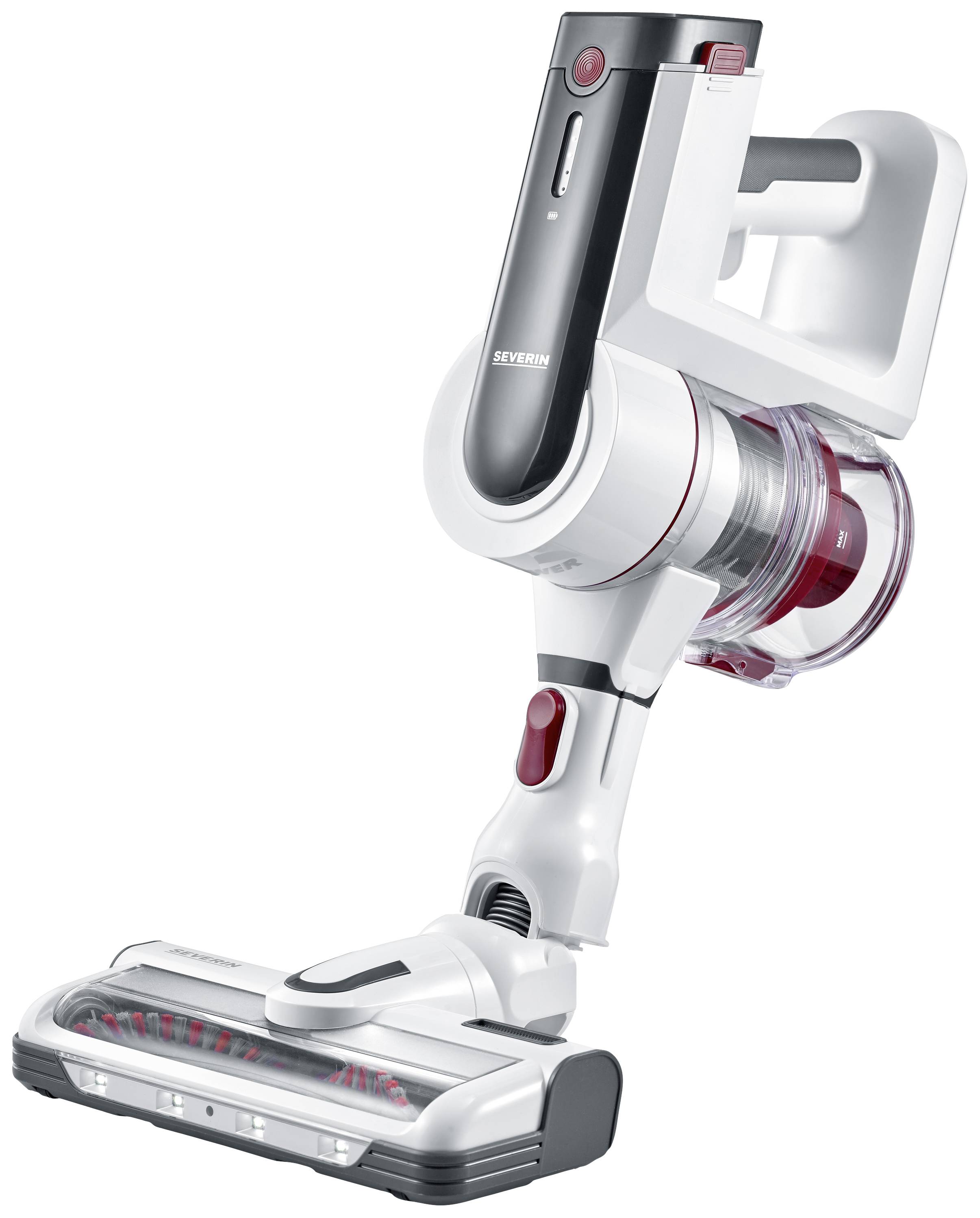 Cordless vacuum cleaner with a transparent dust container, ergonomic handle, and rotating brush head, shown standing upright.