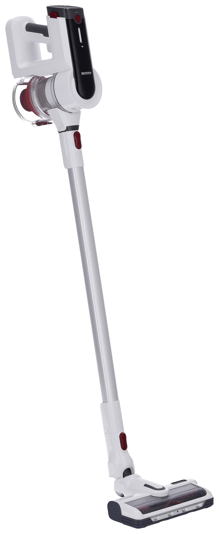 A white, cordless vacuum cleaner with a red accent on a white background, showcasing modern design and manoeuvrability.