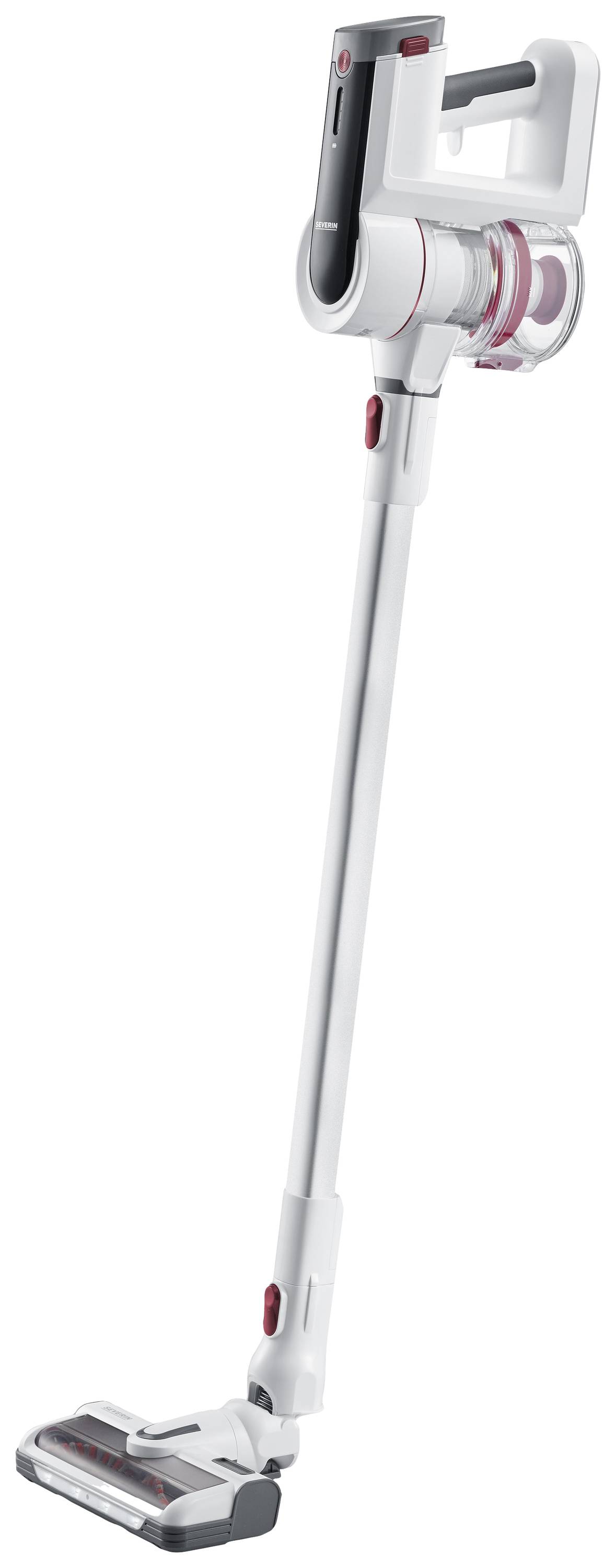 Cordless, white vacuum cleaner with a sleek design and red-grey accents. Suitable for straightforward cleaning in homes.