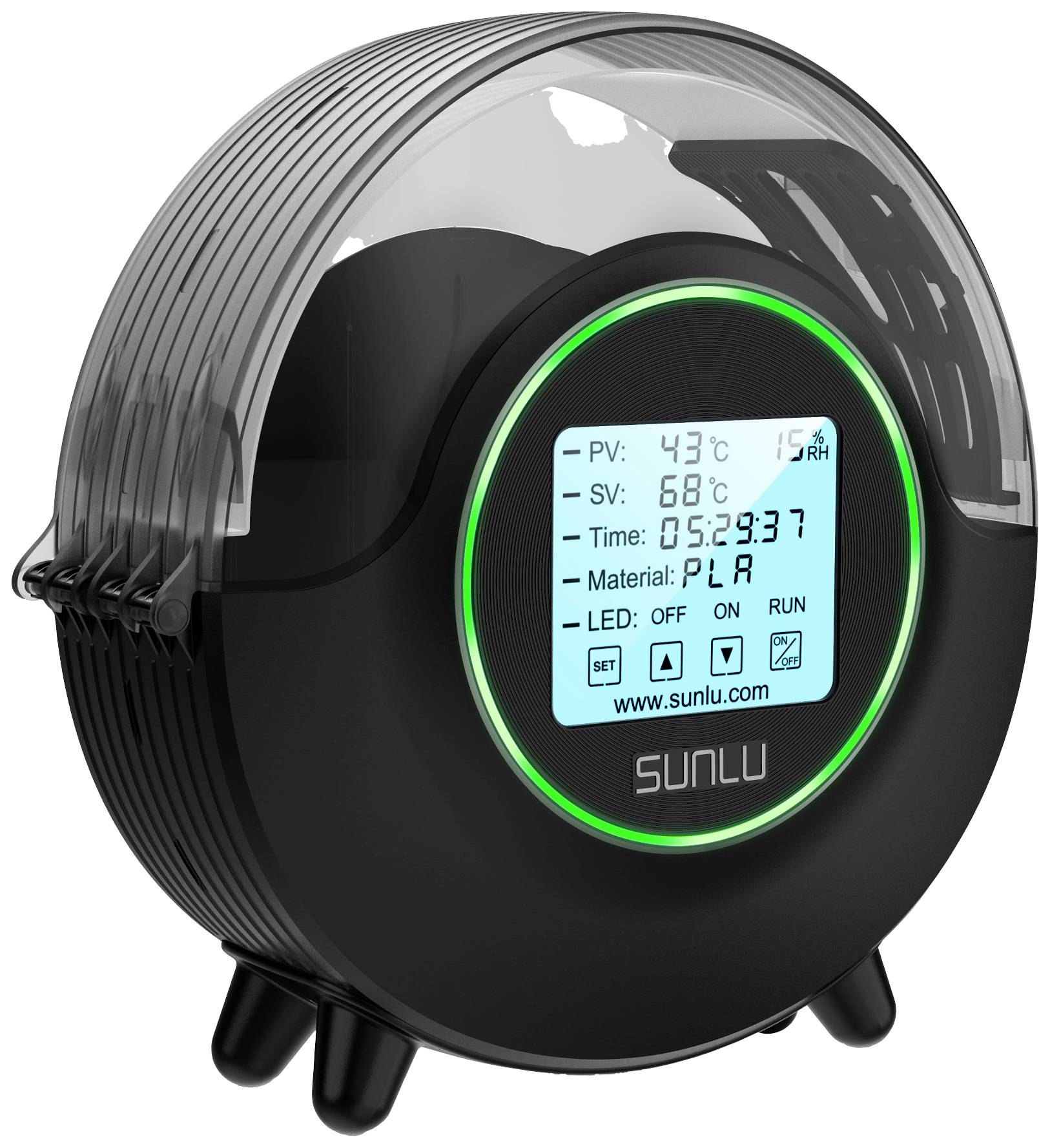 A 3D printer filament dryer with digital display showing temperature and material type. Black housing with transparent lid.