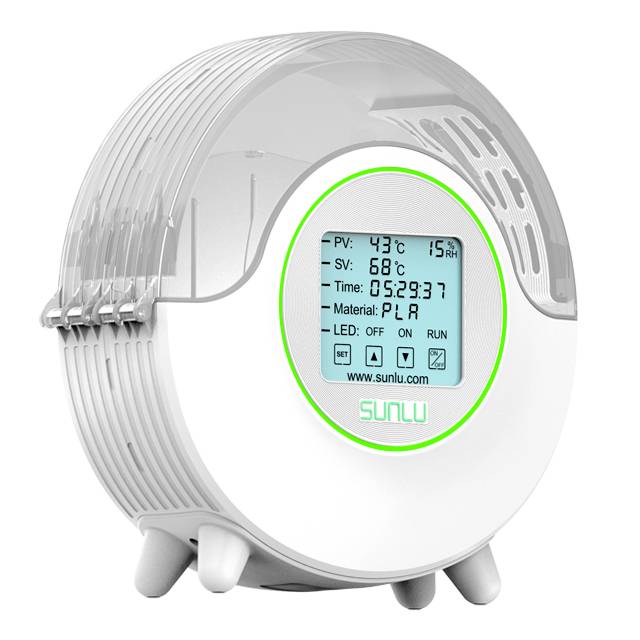 A round 3D printer filament drying device by SUNLU with a display, showing temperature, time, and material information.
