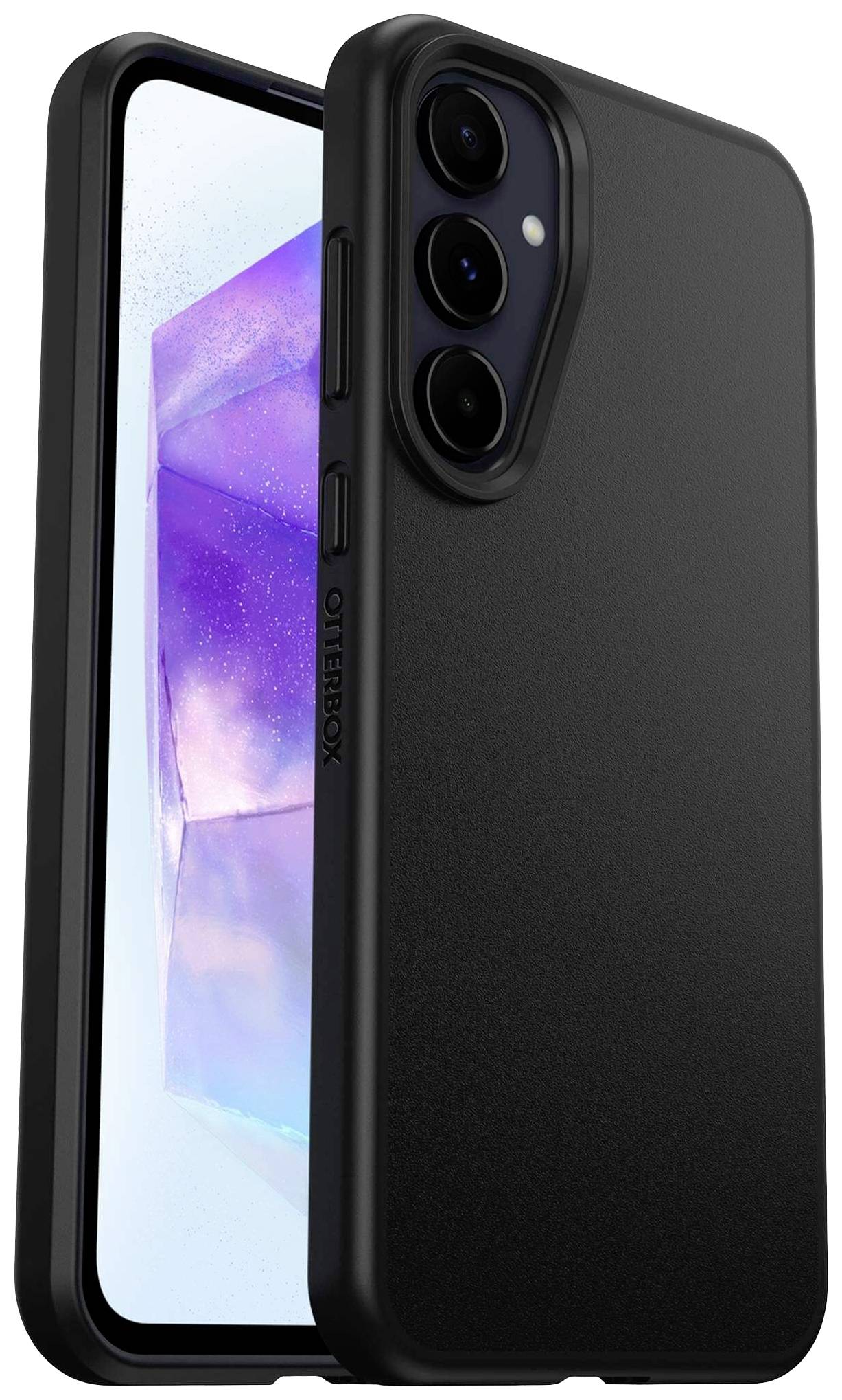 Smartphone in a black Otterbox case, with three camera lenses on the back. The display shows an abstract, purple pattern.