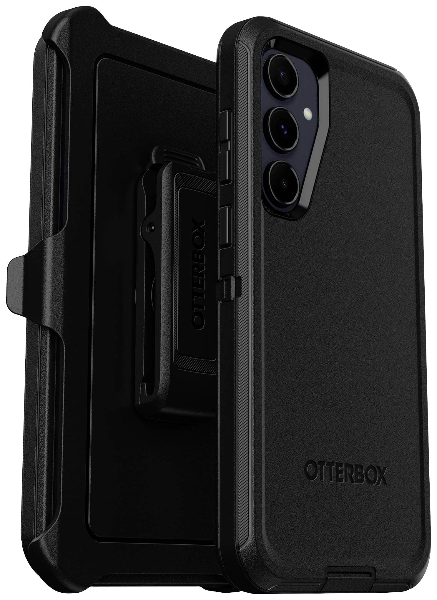 A black, robust mobile phone case by Otterbox with belt clip and camera cutouts, suitable for protecting a smartphone.