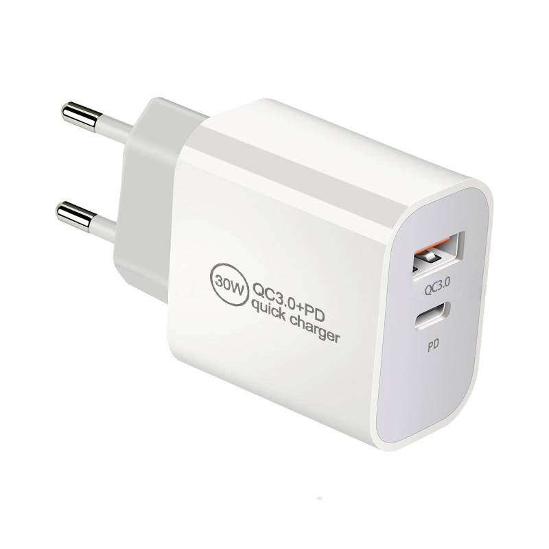 White USB charging adapter with EU plug, two ports (USB-C and USB-A), with the inscription '30W QC3.0+PD quick charger'.