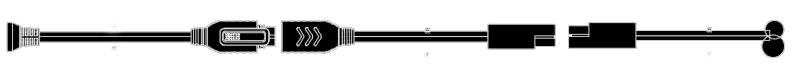 A black cable connection with various plug types along its length, including USB and audio, on a white background.
