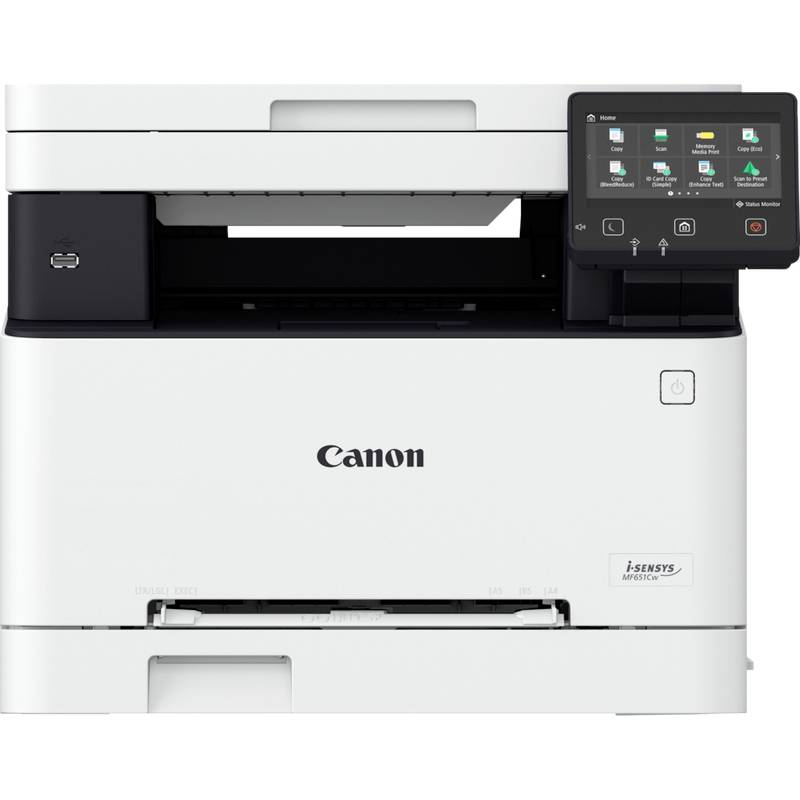 Multi-function printer with a touchscreen display by Canon, positioned against a white background.