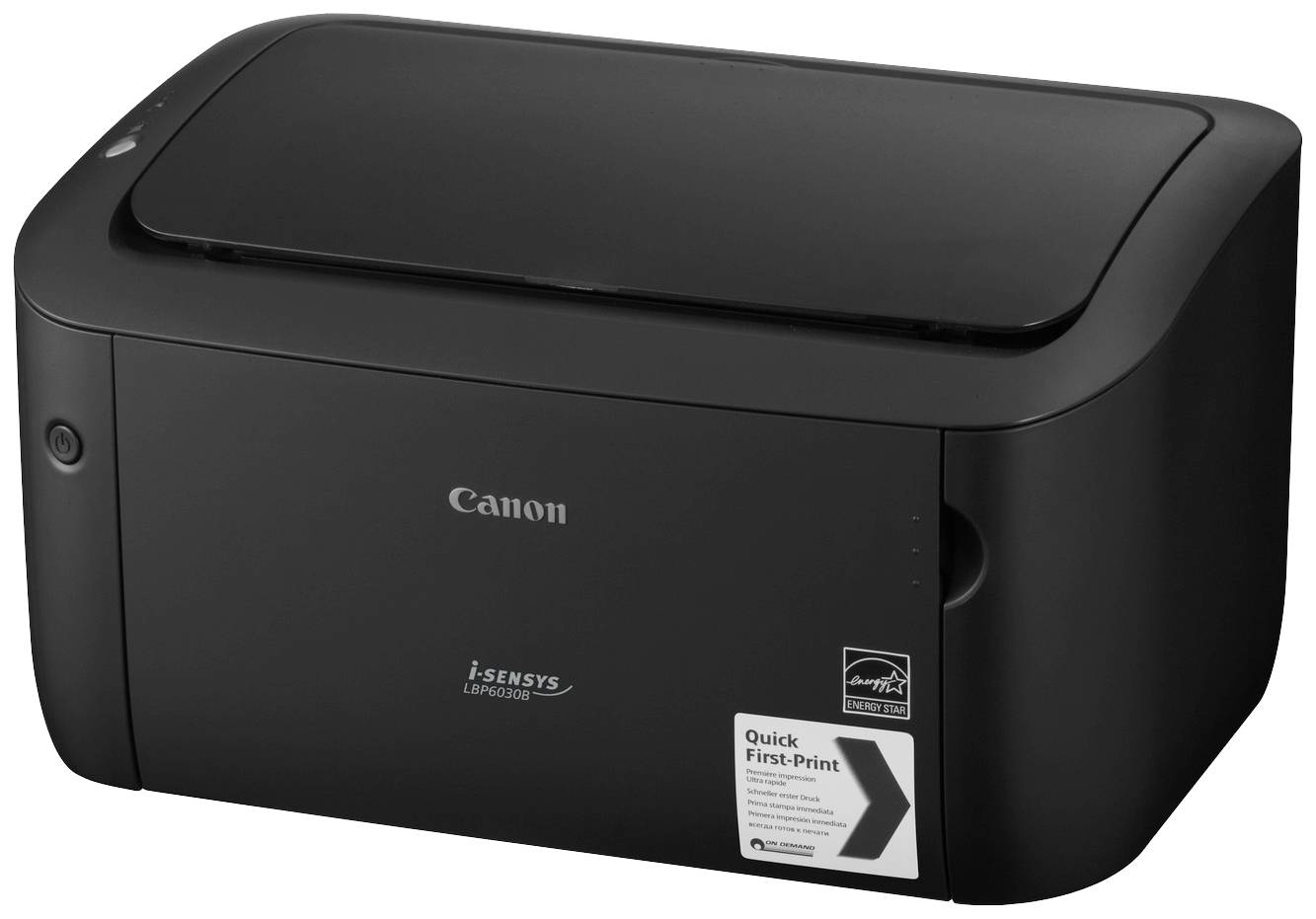 A black Canon i-SENSYS printer sits on a surface. The printer has a compact design and is suitable for office use.
