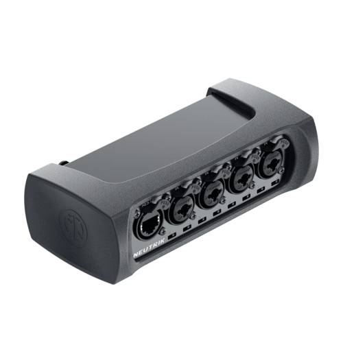 A black, rectangular audio interface with six XLR connections, suitable for stage or studio use.