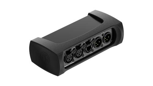 A black adapter with multiple XLR connections for audio devices, suitable for professional audio connections and studio equipment.