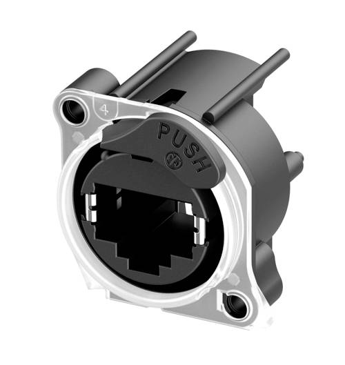 A black, round RJ45 network socket with push function. Two mounting screws visible. Suitable for device connections.
