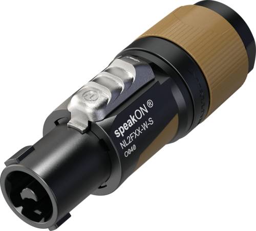 A black speakON plug with a brown grip sleeve, manufacturer model NL2FFX-W-S, for connecting audio devices.
