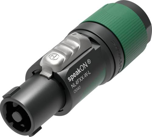 Black and green speakON NL4FX-W-L connector with silver clip, used for audio connections.
