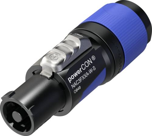 Electrical connector with a blue housing, black shaft and silver locking mechanism. Marked as 'powerCON'.