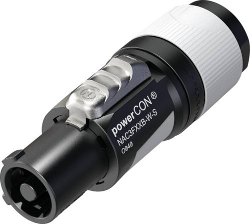 Mains power connector 'powerCON', model NAC3FXXB-W-S. Black and white cylindrical connector with locking mechanism.