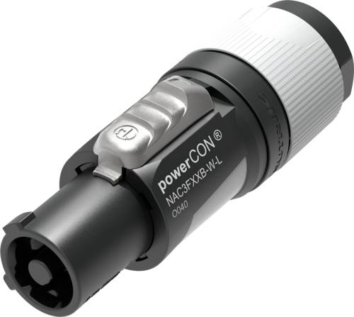 A black powerCON cable plug with a silver lock and white twist lock, model-labelled 'NAC3FXXB-W-L'.