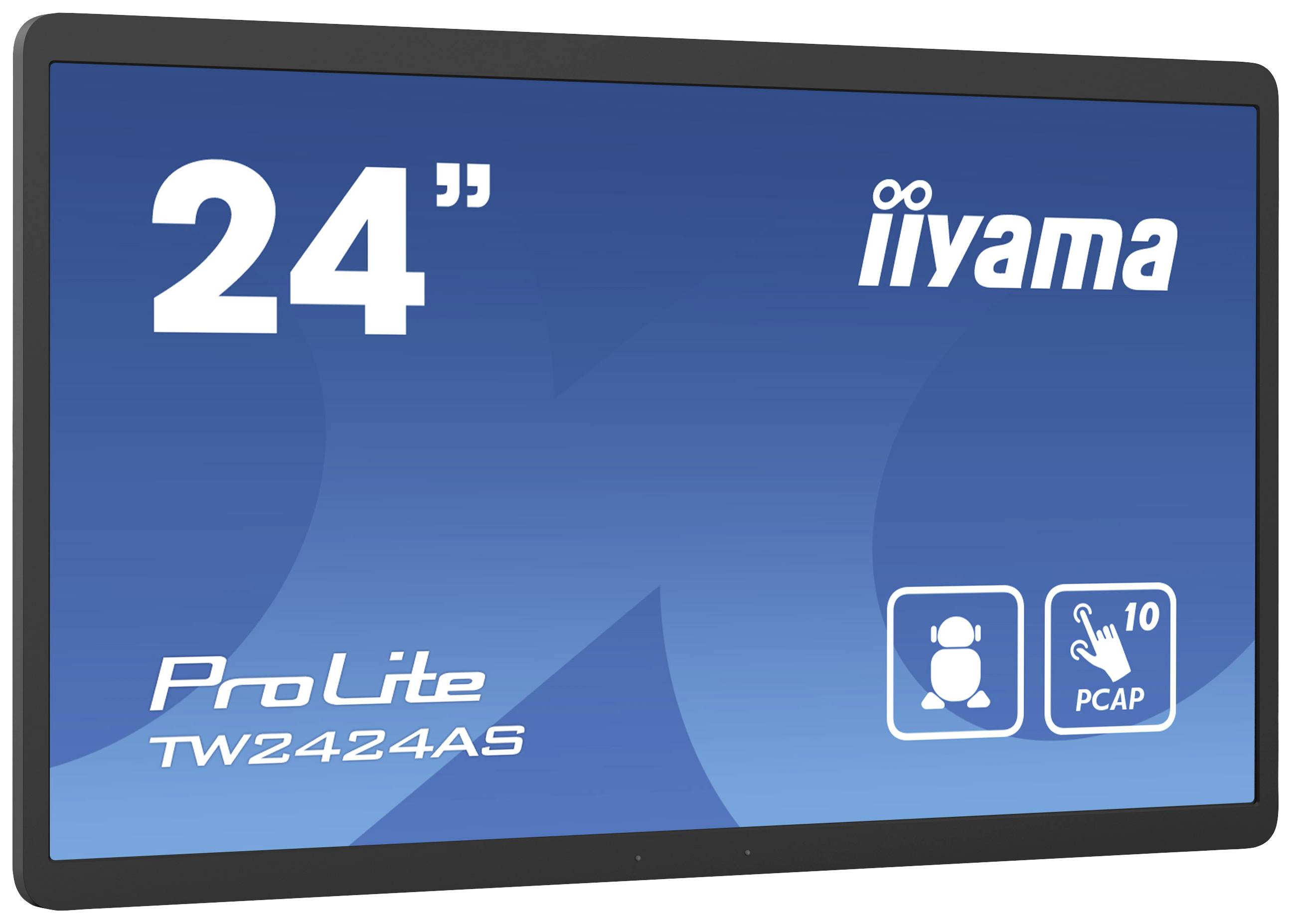Monitor screen with a blue background, displaying '24