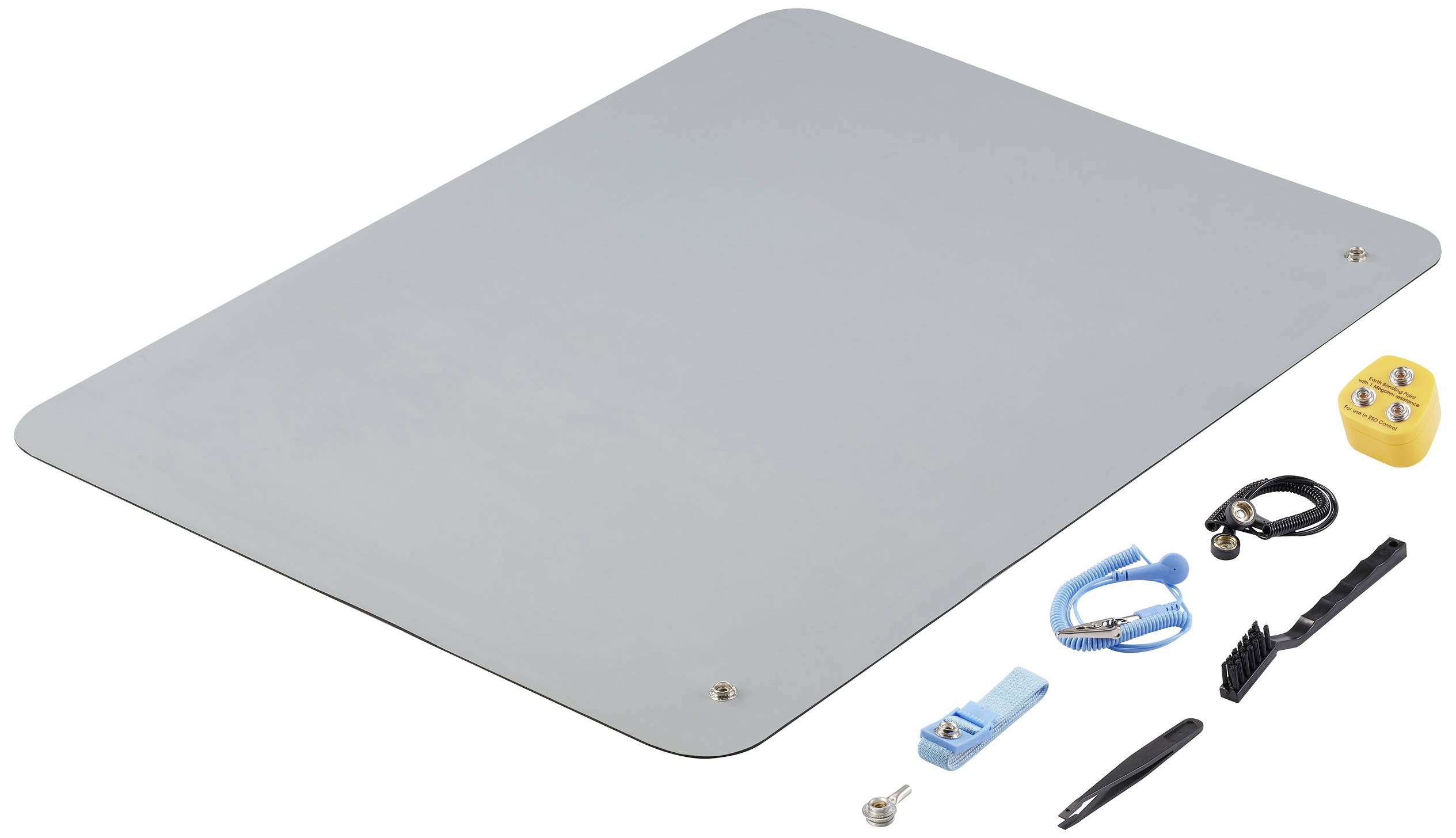 Metal plate with screws and accessories such as brush, tweezers, cable and adapter.