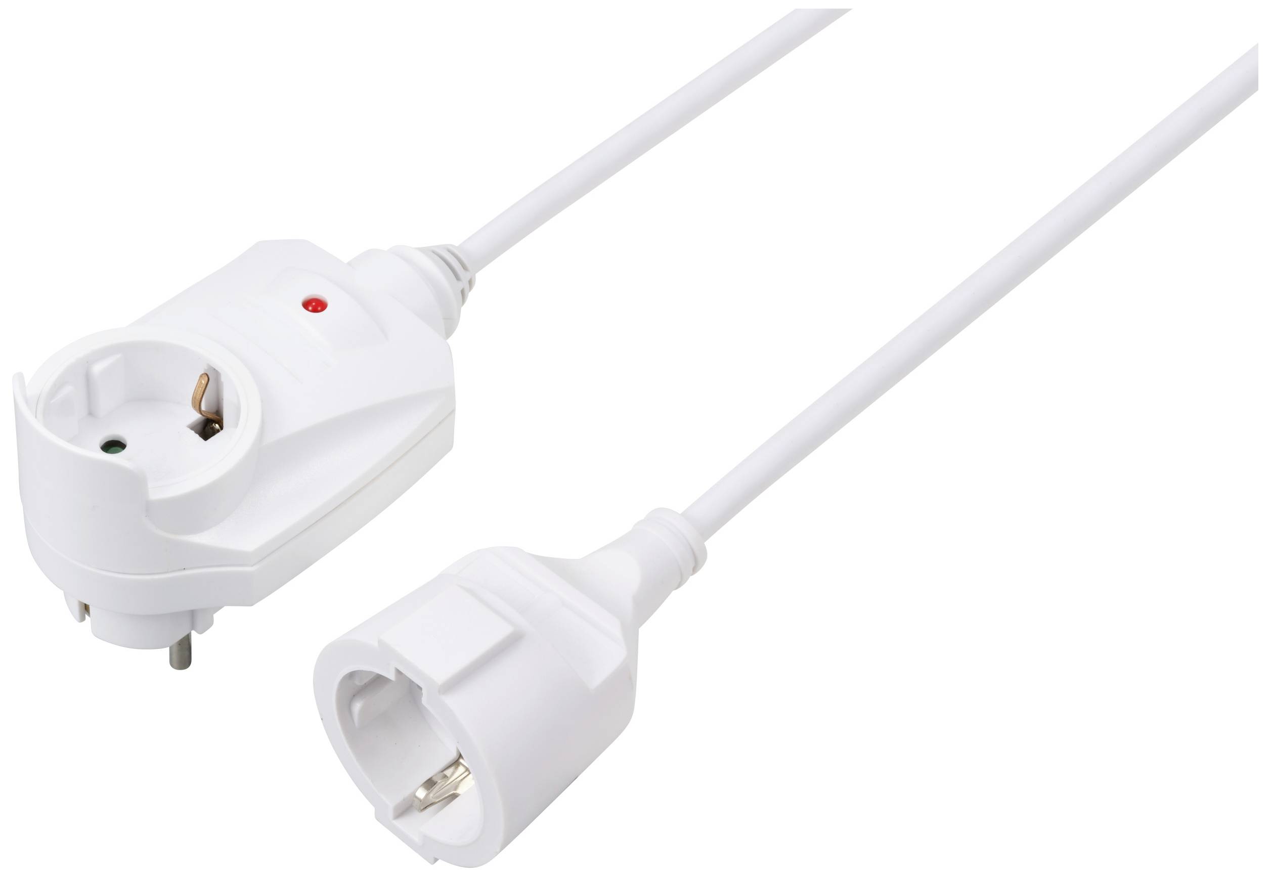 An extension lead with a white plug and socket, suitable for electrical appliances and household equipment.