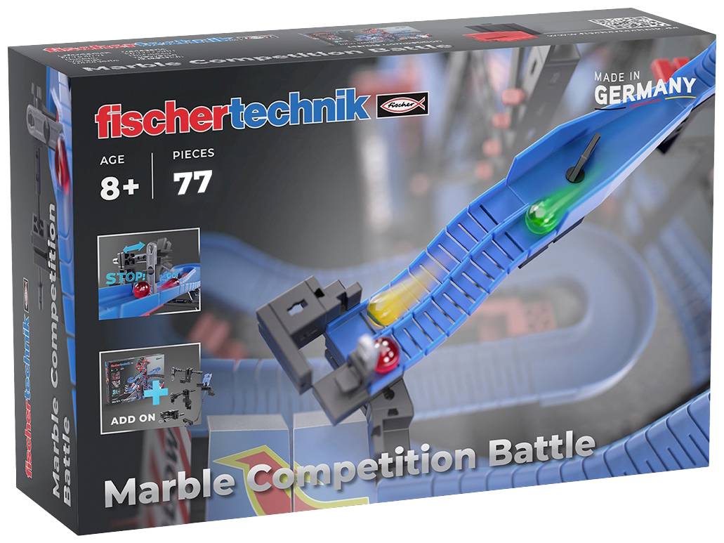 Toy Set 'fischertechnik Marble Competition Battle', suitable for children aged 8 and above, includes 77 pieces, marble run illustration.