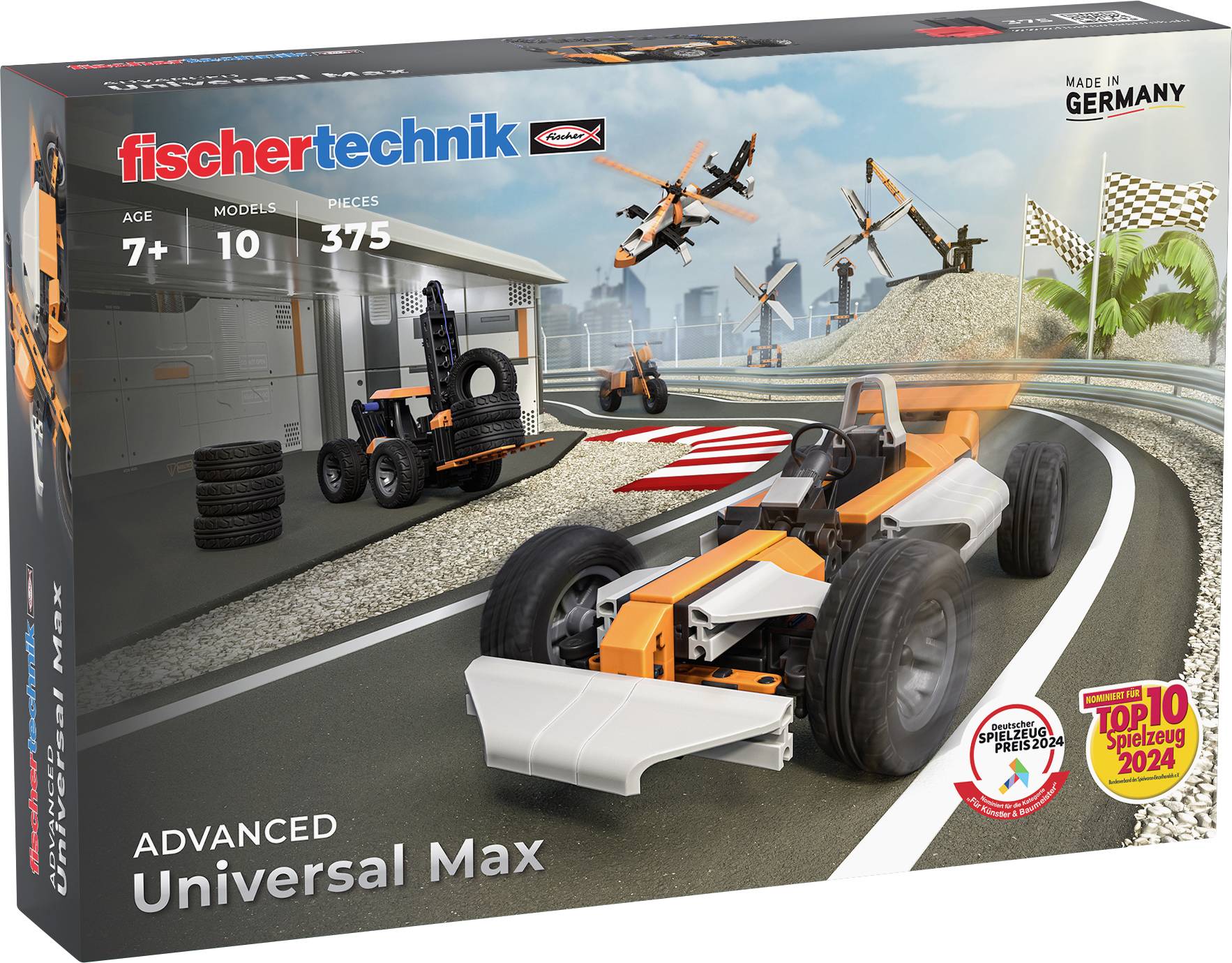 Construction kit packaging with model racing car and accessories. Suitable for children aged 7 and above, with 375 parts for 10 models.