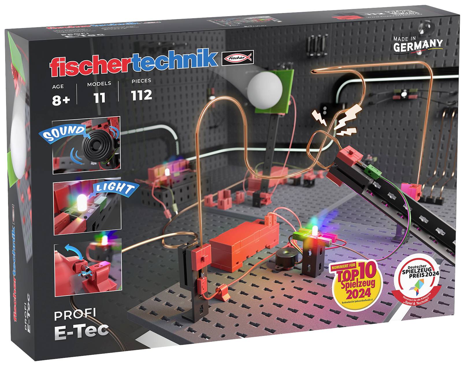 Construction Set 'fischertechnik PROFI E-Tec' for children aged 8 and above, 11 models, 112 pieces, with light and sound effects.