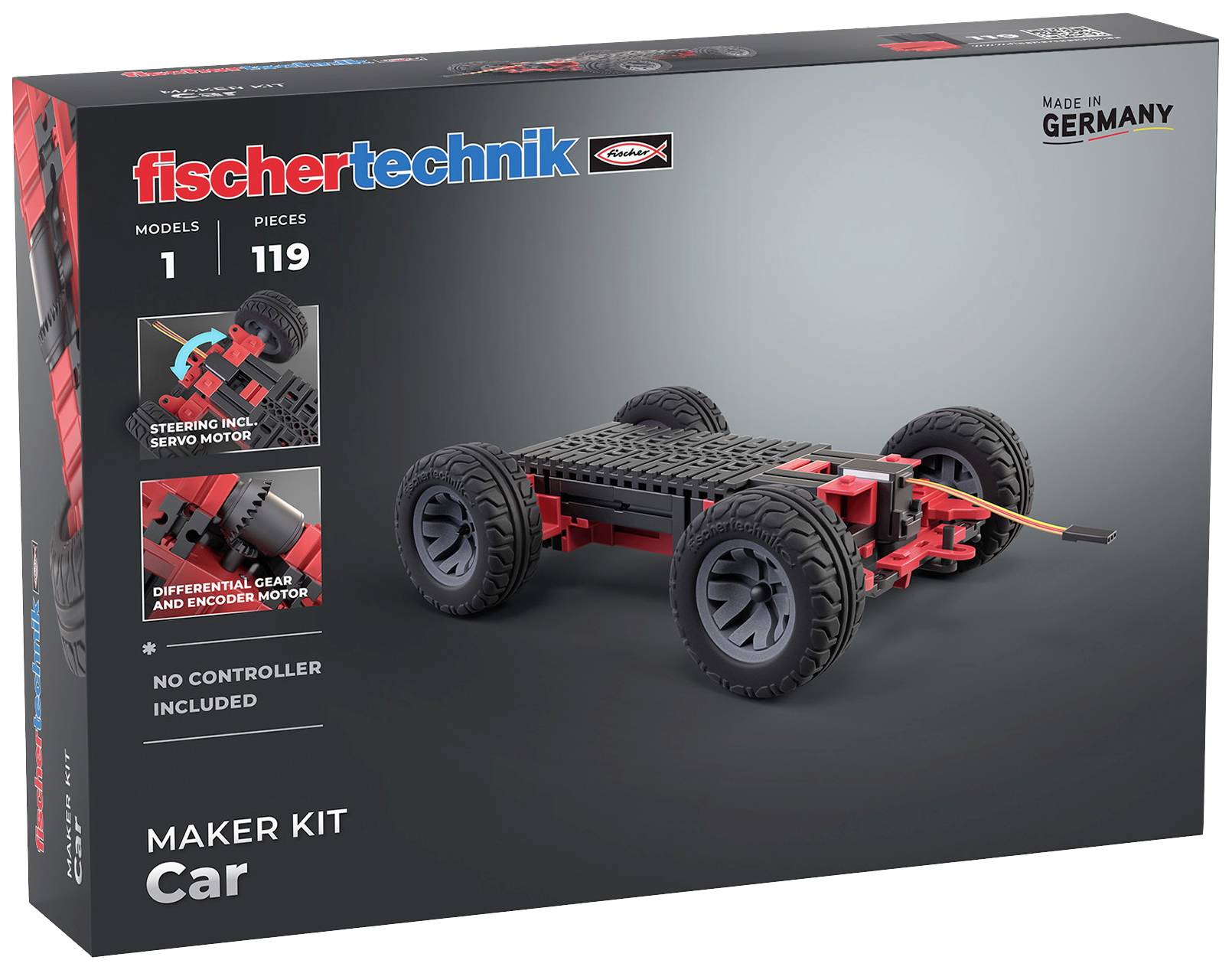 'fischertechnik Maker Kit Car' construction set with 119 parts, including a chassis and wheels. Does not include a controller. Made in Germany.