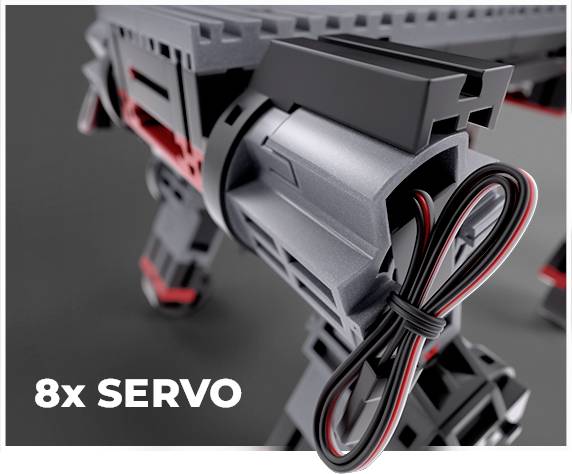 Close-up of a mechanical model with eight servo motors and cables, revealing intricate structures and connections.