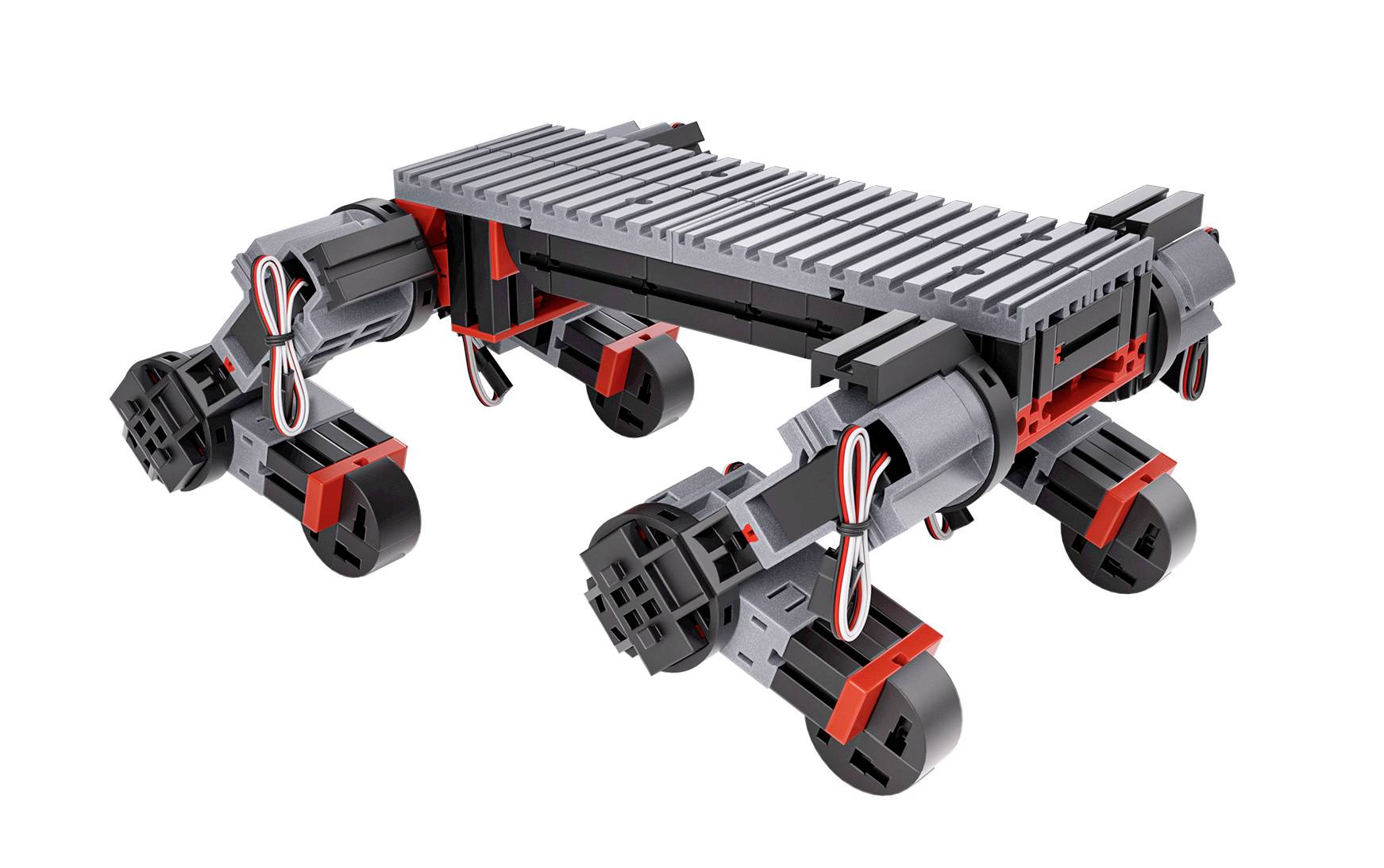 A four-legged robot made of grey and red plastic. The structure resembles a mechanical animal with flexible legs.