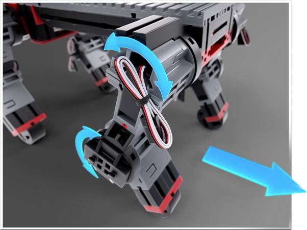 A robotic leg with rotating arrows indicates the directions of movement; another part of the robot is in the background, with a blue arrow on the right.