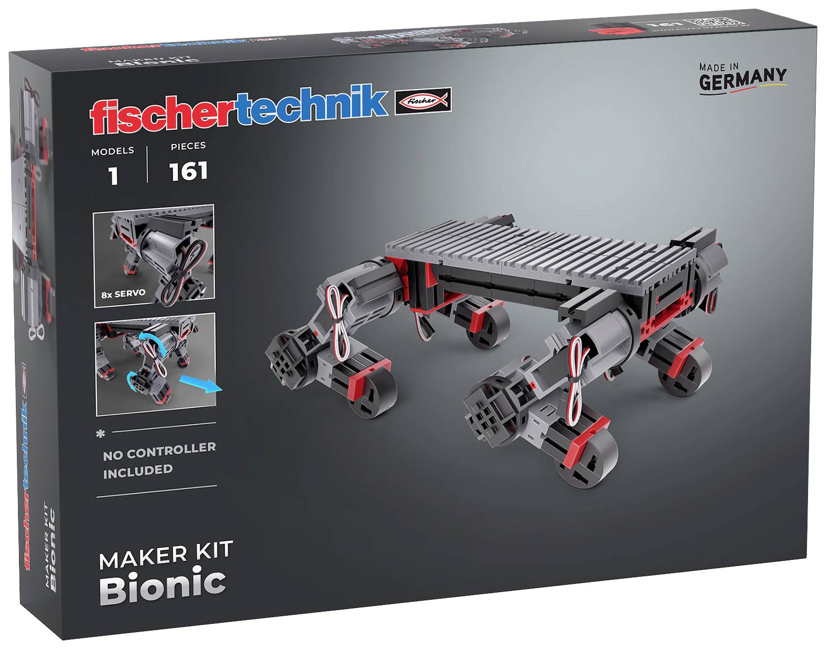 Bionic robot kit by fischertechnik with 161 parts. Does not include a controller. 'Made in Germany'.