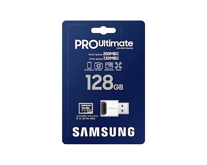 Samsung PRO Ultimate microSD card 128 GB Class 3 UHS-I , v30 Video Speed Class, A2 Application Performance Class incl. USB card