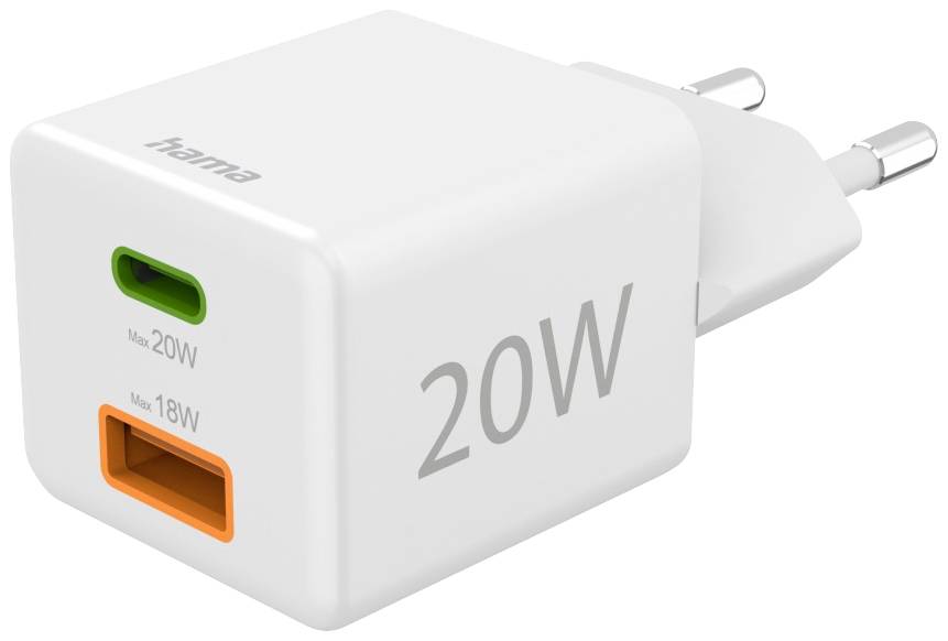 A white charger with two USB ports. The green port is marked for 20W, the orange for 18W.