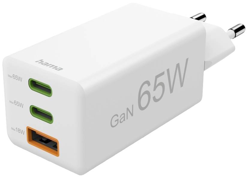 White Hama GaN charger with two USB-C and one USB-A ports. Inscription: 'GaN 65W'.