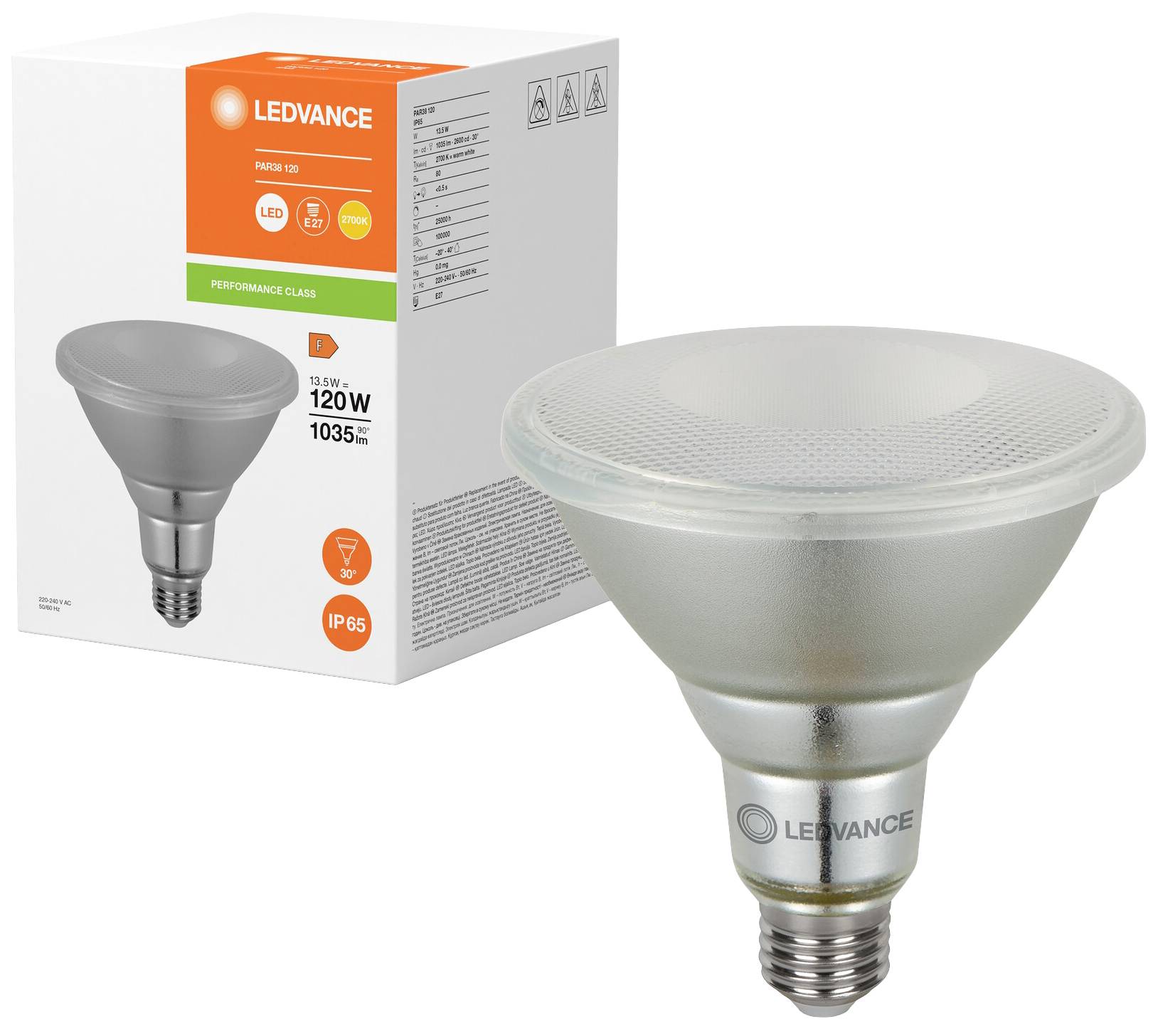 LED lamp by Ledvance, PAR38, 120W, 1035 lumens, IP65, suitable for outdoor applications, shown next to its packaging.