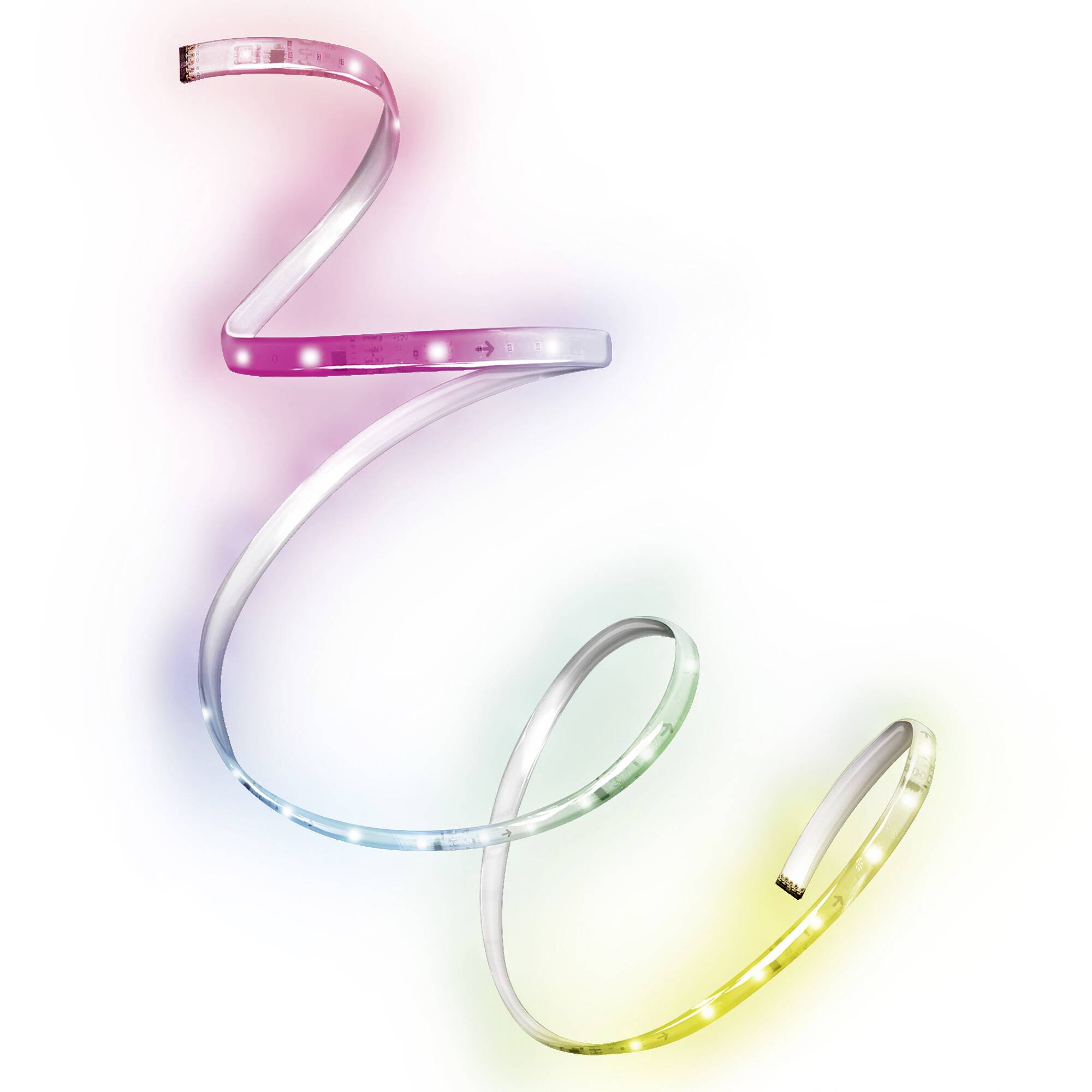An LED light strip winds in a curved form, glowing in various colours: Pink, Blue, Green and Yellow.