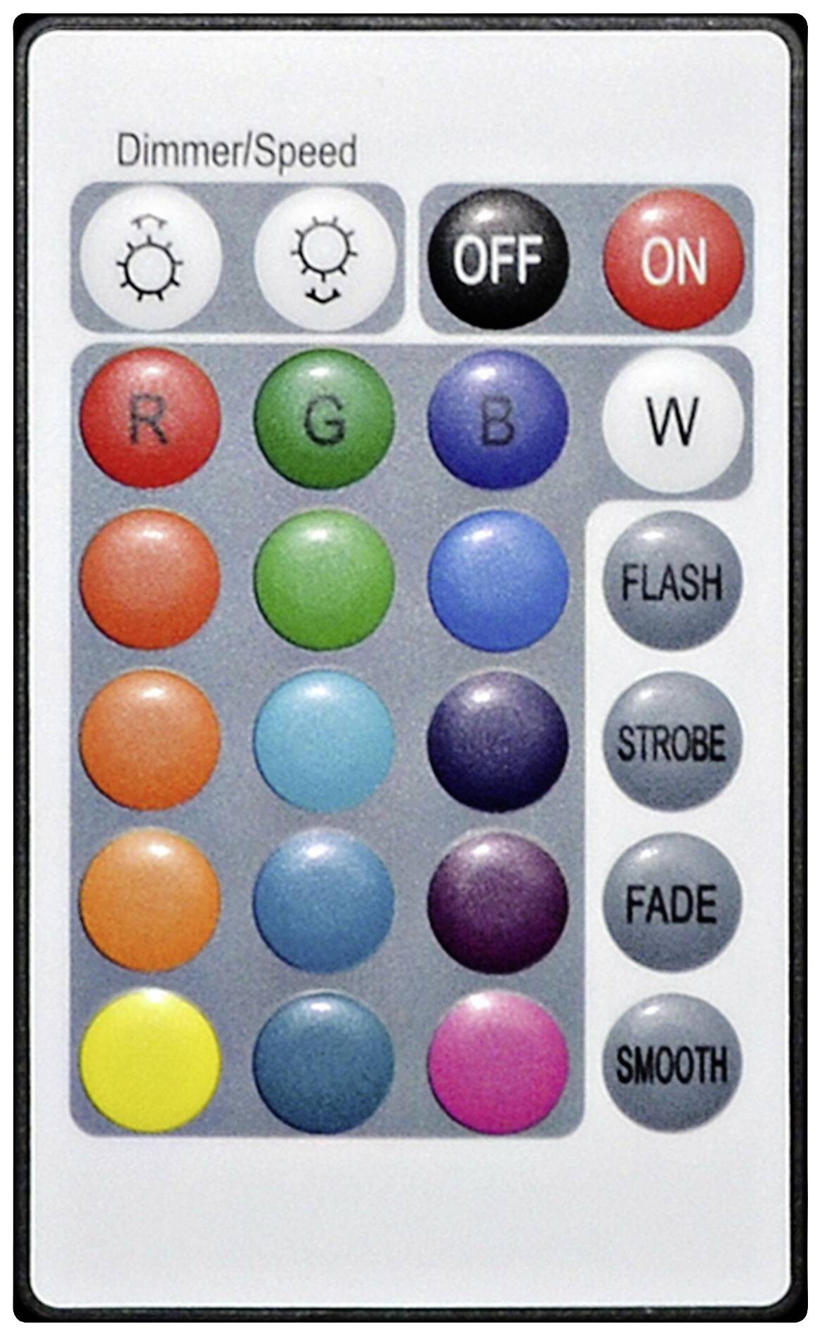 A remote control with various colour buttons for controlling light colours and effects such as Flash, Strobe, Fade and Smooth.